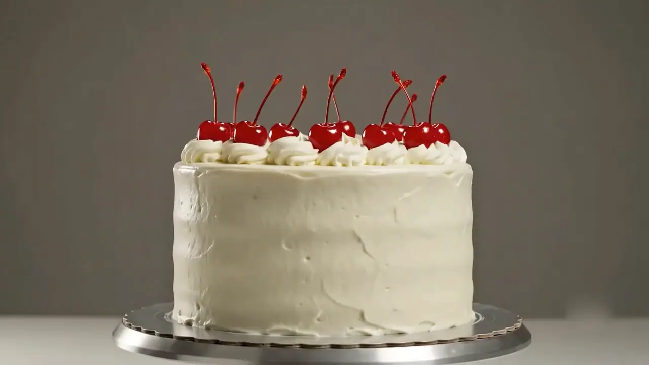 The finished Magic Oven cake — cream frosting, glacé cherries
