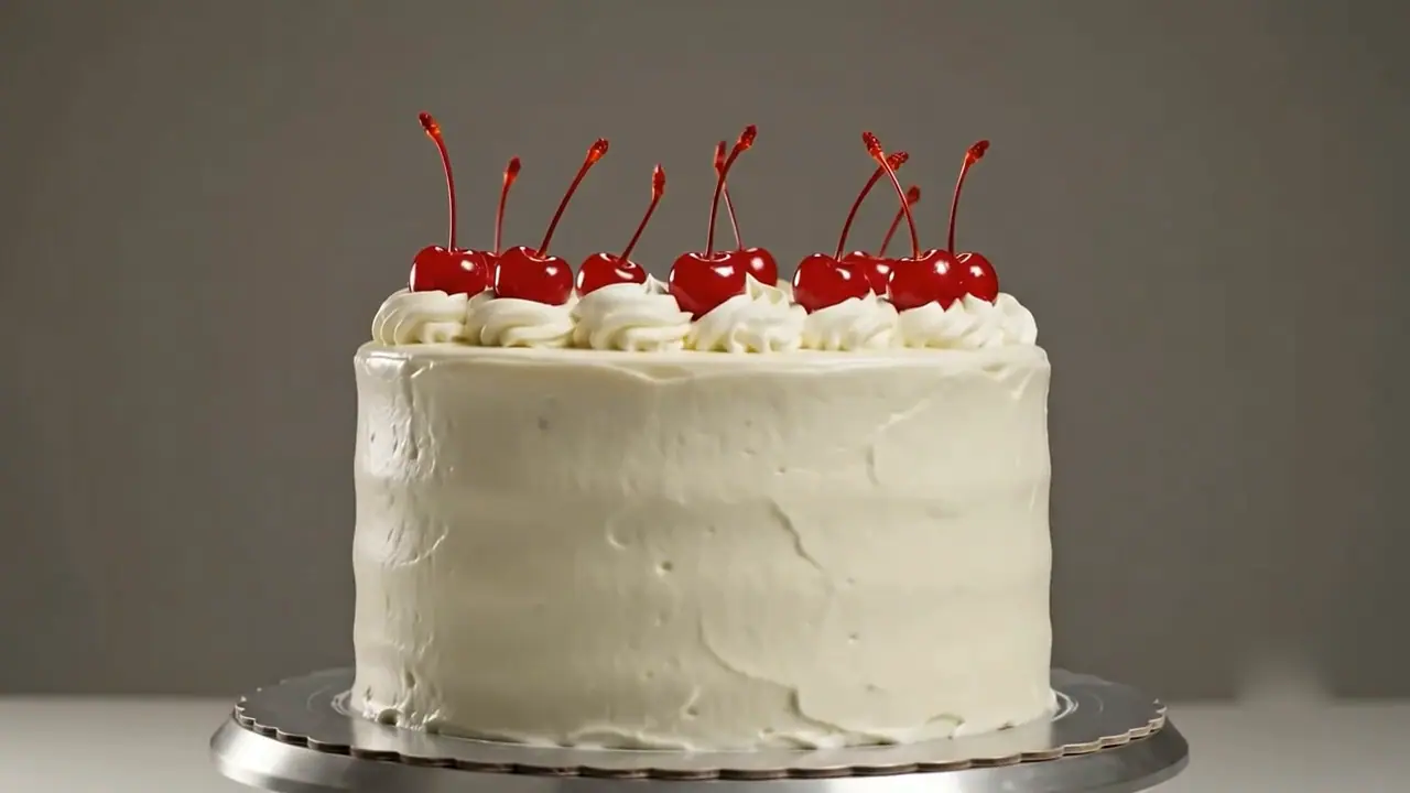 The finished cake, glacé cherries set on top